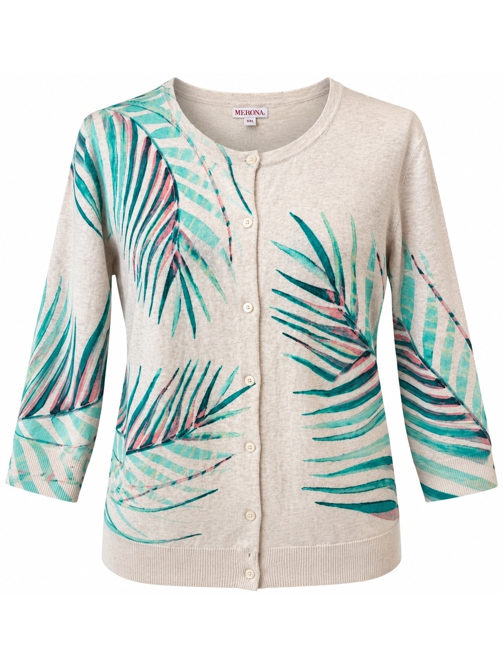 Merona XXL Tropical Palm Leaf Cardigan Oatmeal Green Pink 3/4 Sleeve Cotton